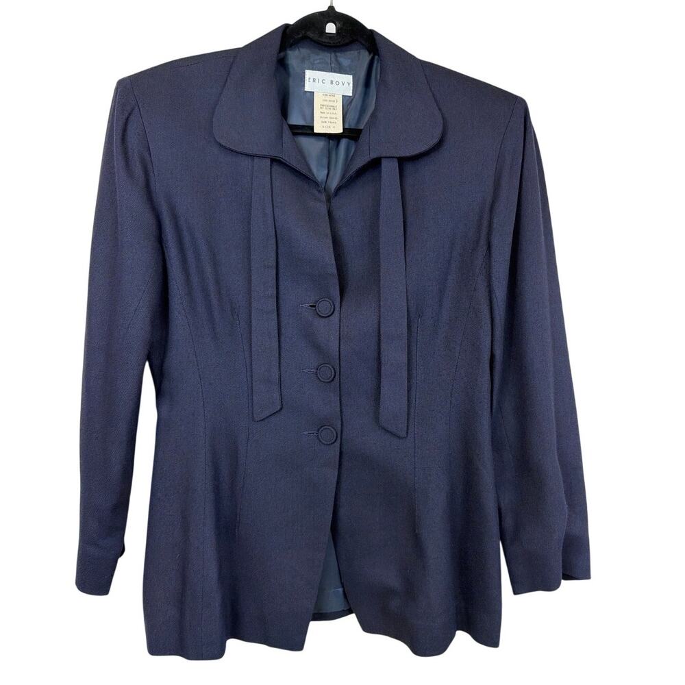Vintage Eric Boyy Navy Blue Tie-Neck Rayon Blazer MED Made USA